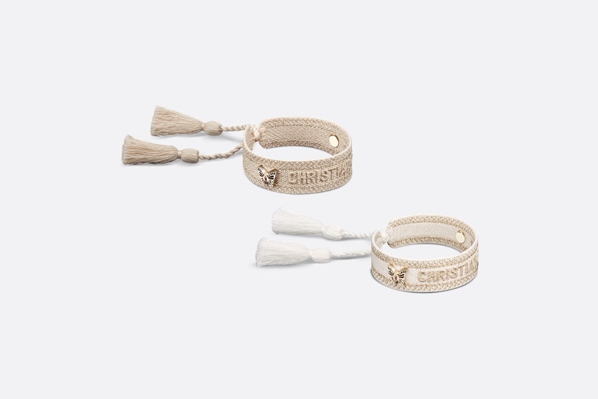 Christian Dior Bracelet Set Gold Tone and White Embroidery with Matte Gold Finish Metal