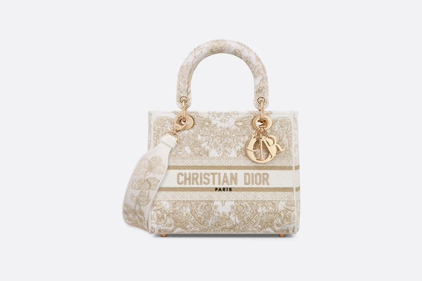 Medium Lady D Lite Bag Gold Tone and White Butterfly Around The World Embroidery
