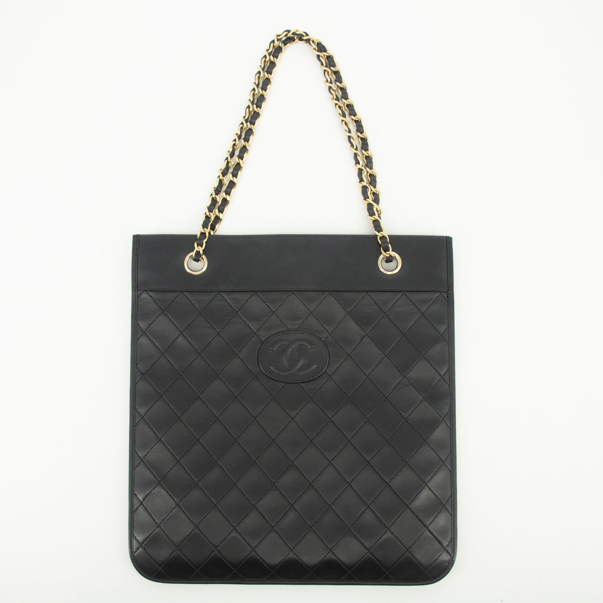 Chanel Lambskin Quilted CC Flat Tote with chain strap, full lookbook view