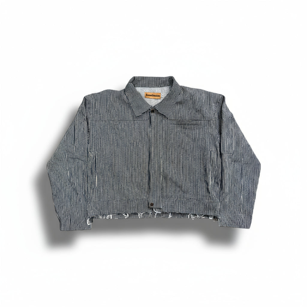 KEEMSTUDIOS Pin-Stripe Jacket draped on dress form in Brooklyn studio