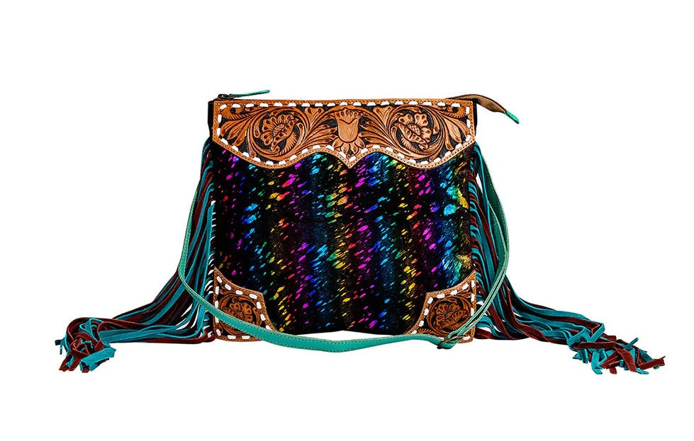 Whiskey Black Tumbleweed Trail Fringed Hand-Tooled Bag — Western leather craft