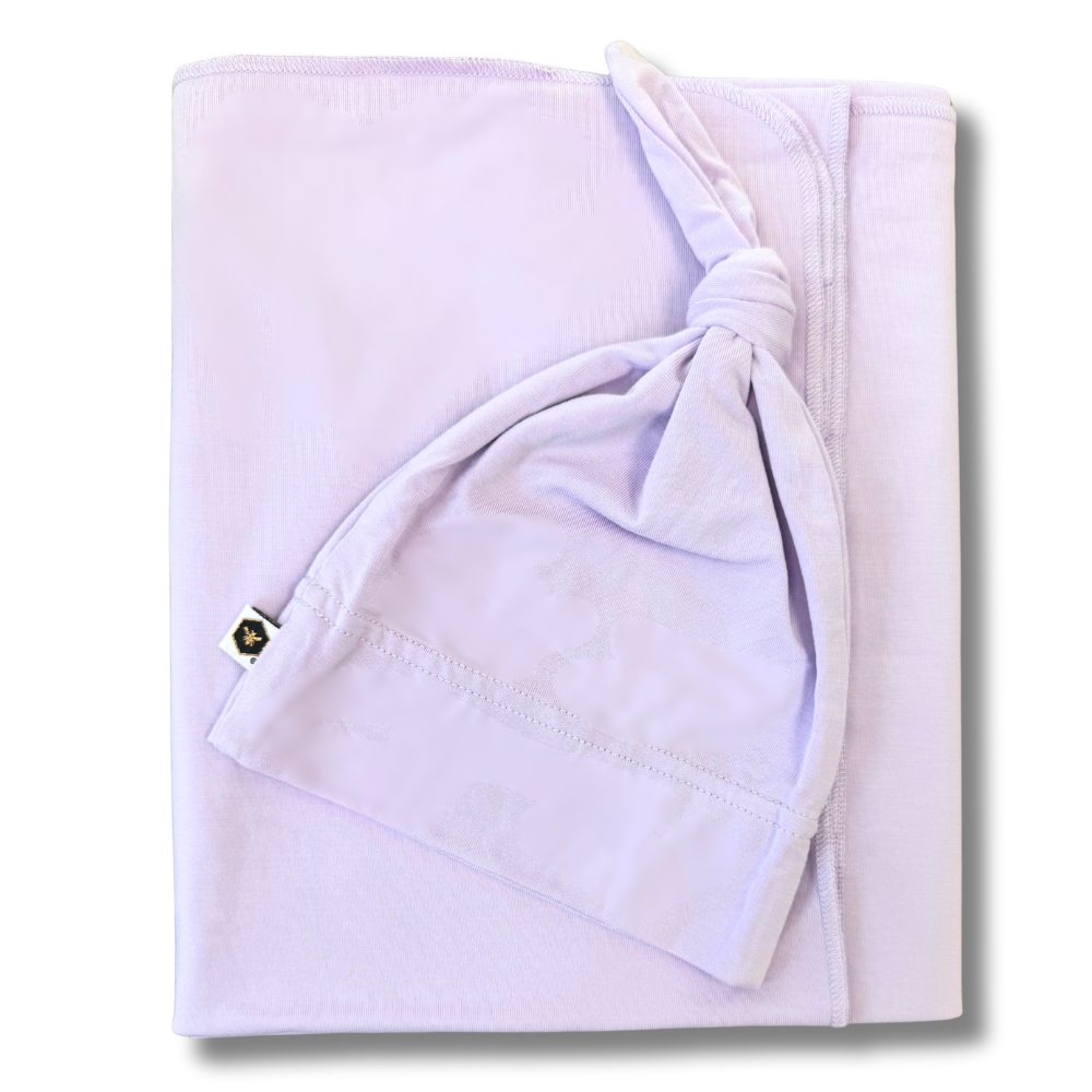 Bumblito Bamboo Stretch Swaddle Set in Lilac — newborn-safe swaddle with matching beanie