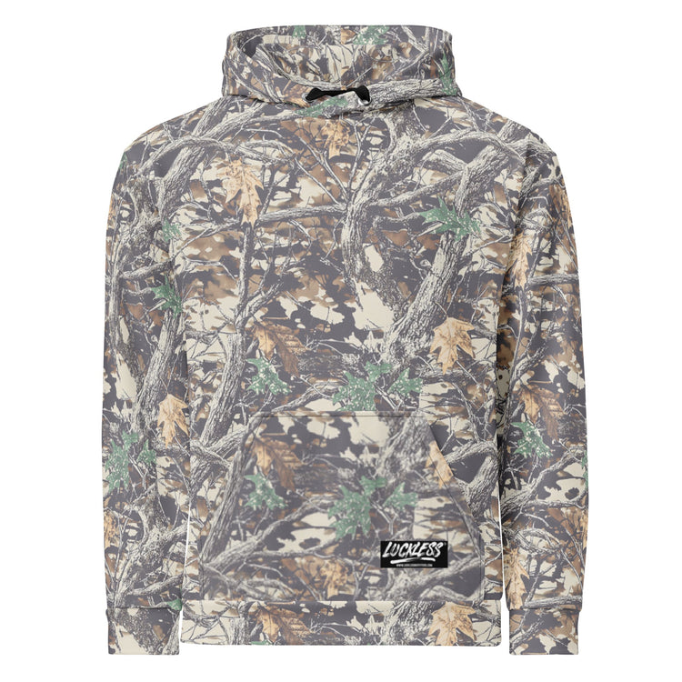 Faded camo wide-string hoodie — Luckless Outfitters signature top-seller, representative of contemporary country-inspired graphic apparel