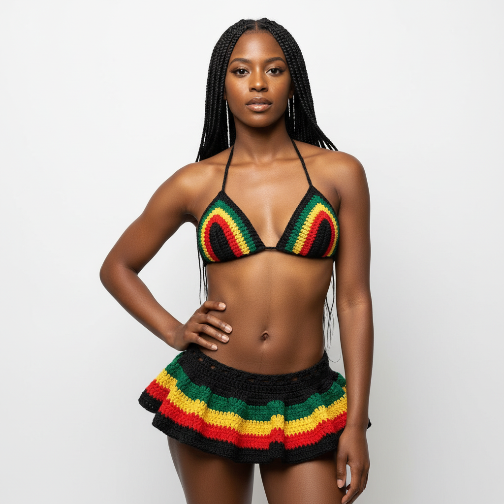 Jamaica Rasta 4-Piece Crochet Bikini Set with Micro Mini Skirt and Bucket Hat