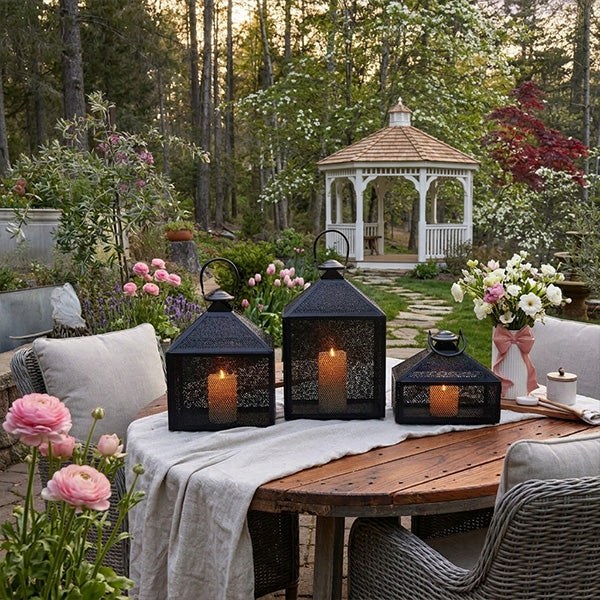 Perforated Iron Metal Lanterns set of three — rustic and farmhouse decor styling