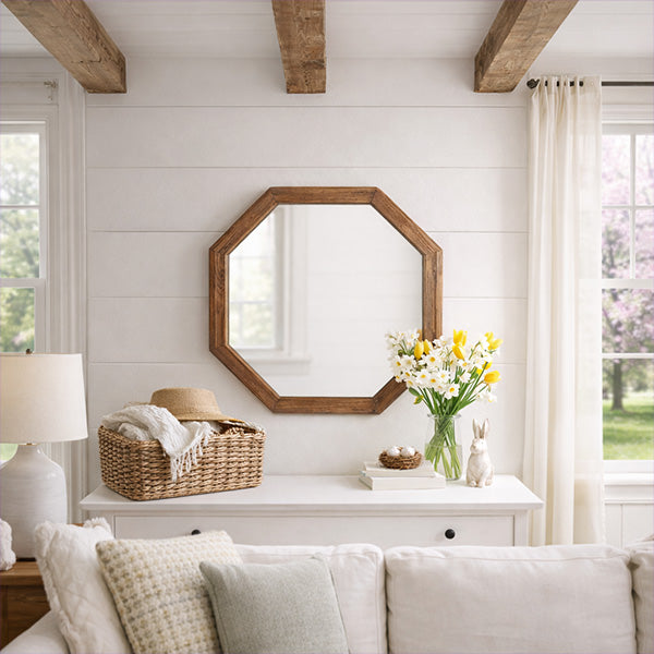 Octagon Wood Frame Mirror — wall styling guide for arched, octagonal, gilded, and iron frame mirrors