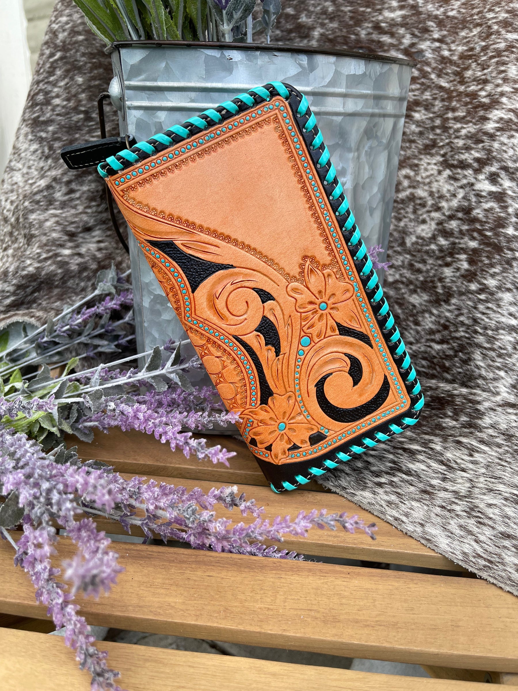 Haute Southern Hyde Wallets — Turquoise, Cowhide, Tooled Leather