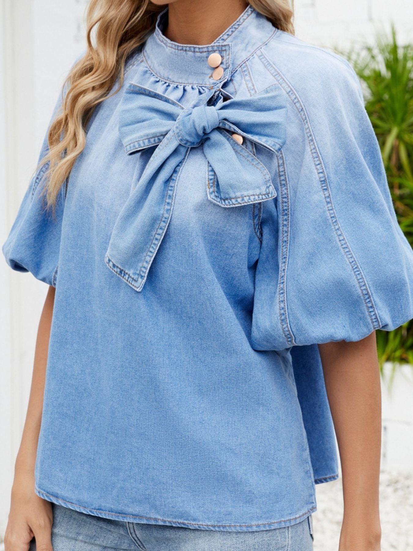 Bow Accent Puff Sleeve Denim Top