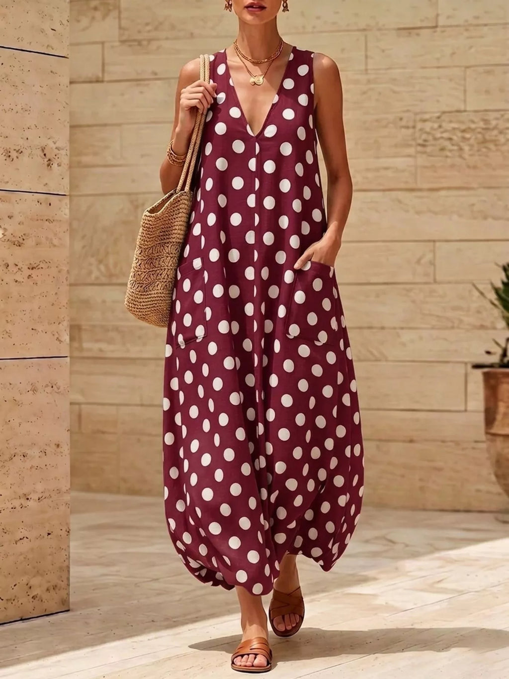 Polka Dot V-Neck Sleeveless Maxi Dress