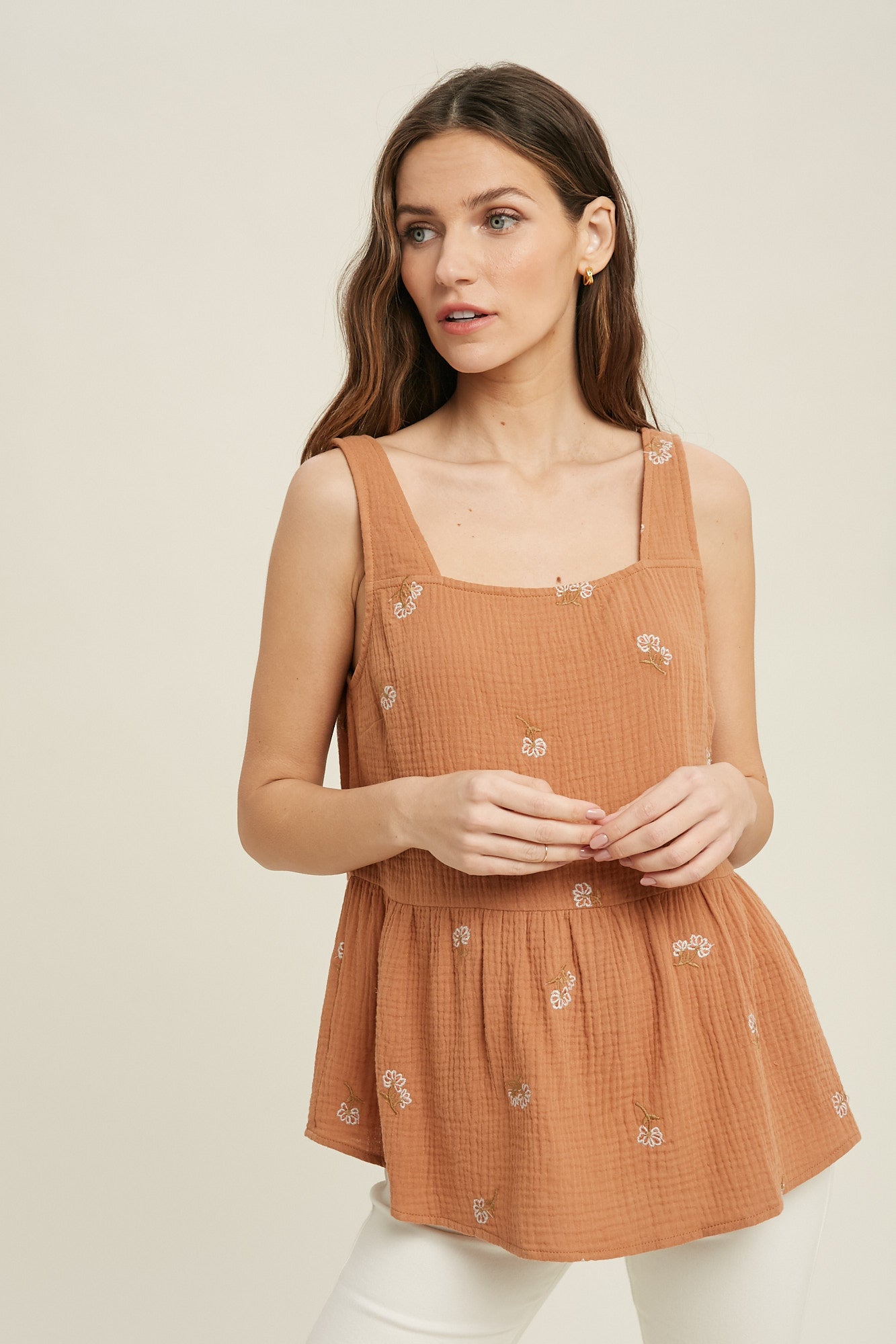 Floral Embroidered Sleeveless Cotton Top