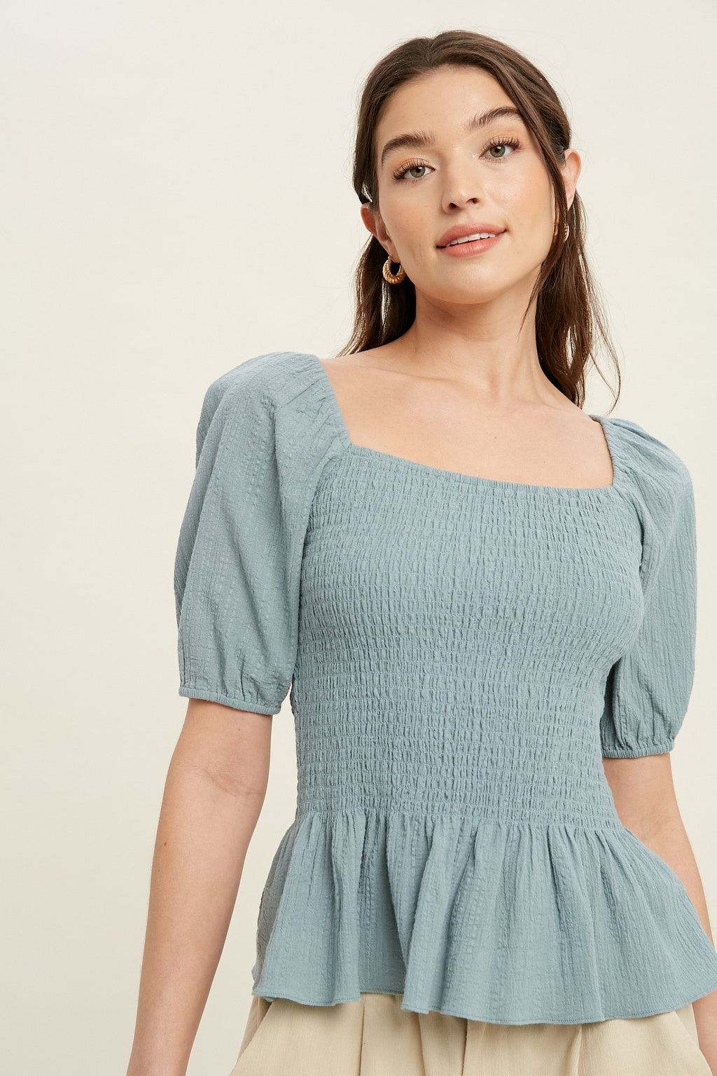 KADOU BOUTIQUE Cotton Gauze Puff Sleeve Top — lifestyle context