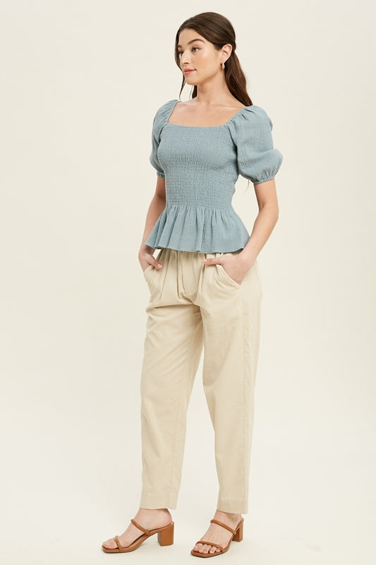 KADOU BOUTIQUE Cotton Gauze Puff Sleeve Top — back view