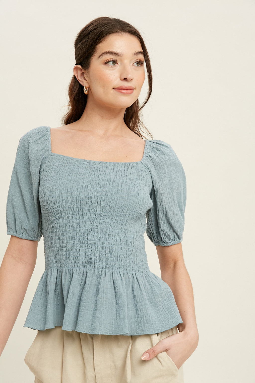KADOU BOUTIQUE Cotton Gauze Puff Sleeve Top — main product shot