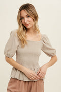 KADOU BOUTIQUE Cotton Gauze Puff Sleeve Top — detail close-up