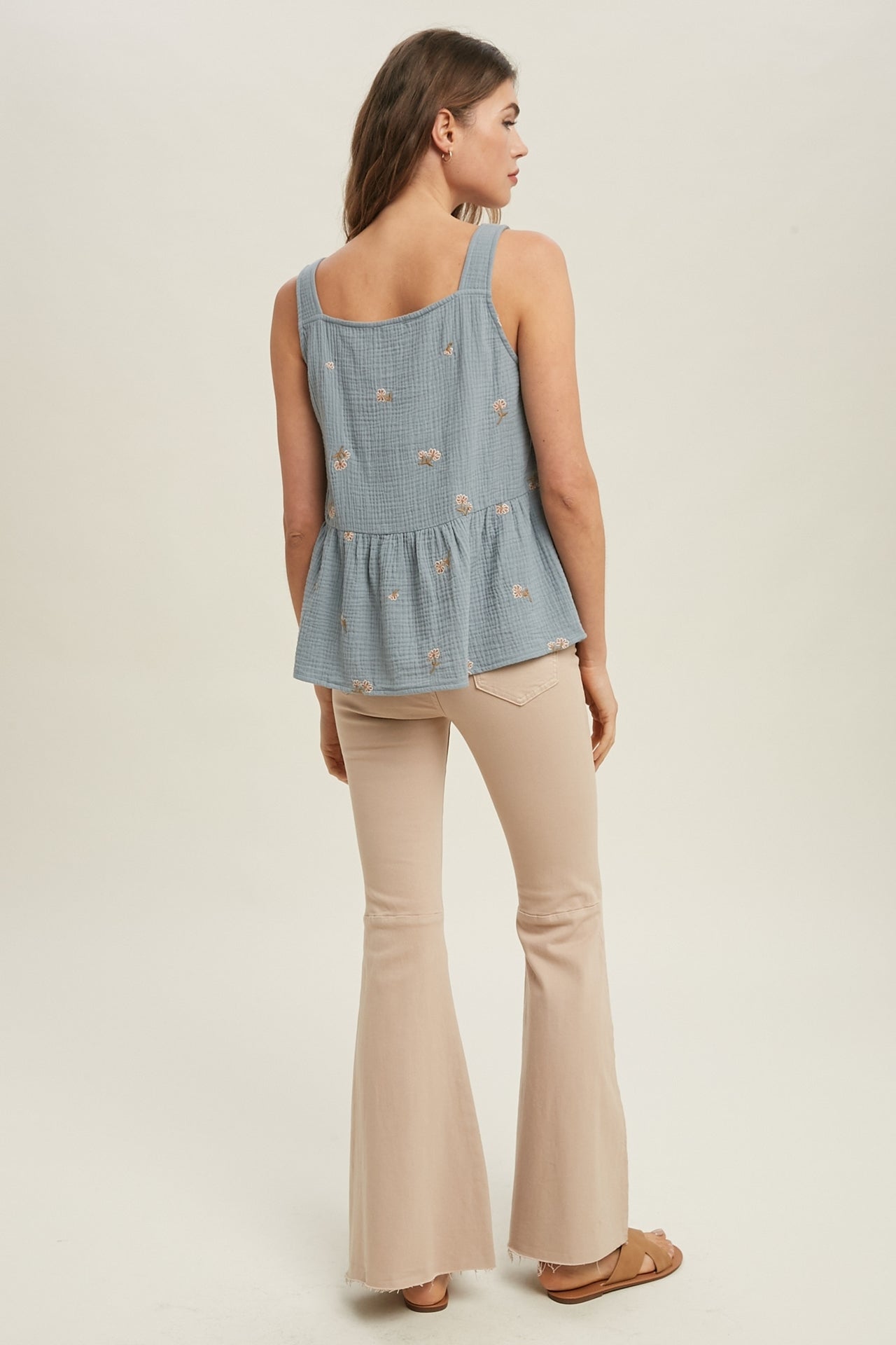 Floral Embroidered Sleeveless Cotton Top