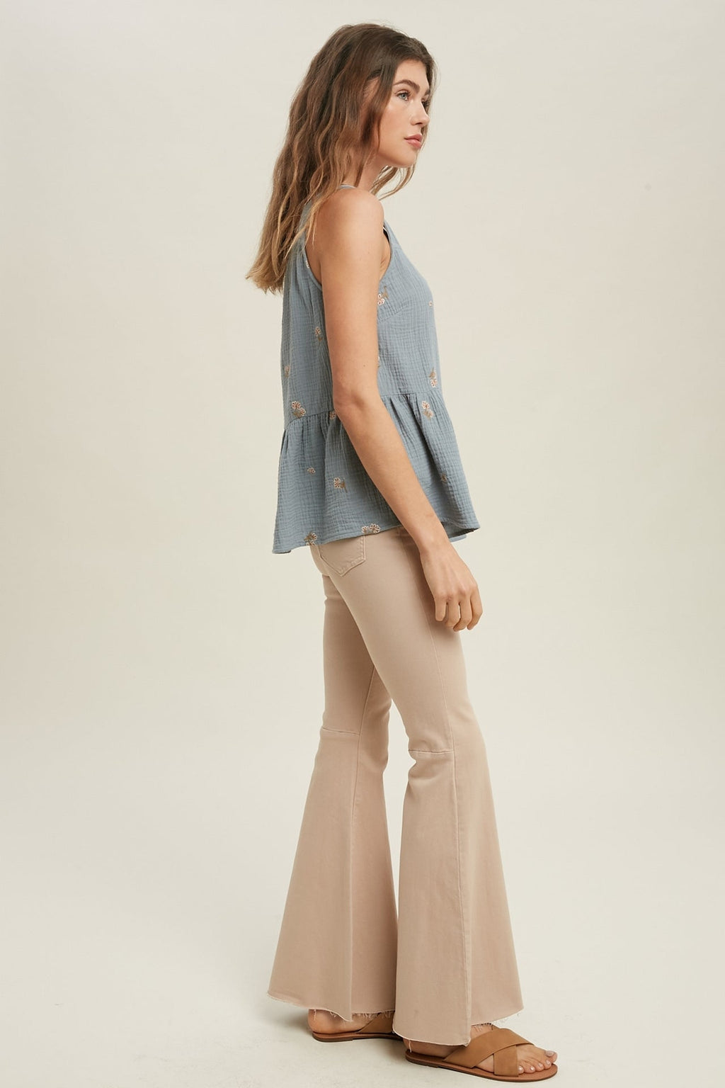 Floral Embroidered Sleeveless Cotton Top