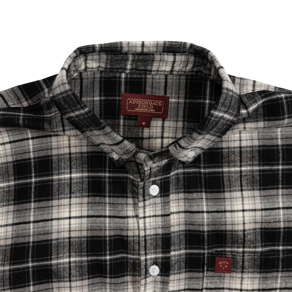 Adirondack Field Harkness Organic Flannel Shirt — branding close-up