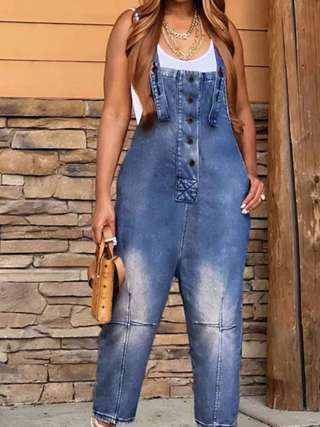 Full Size Button Front Denim Overalls with Pockets Plus Size