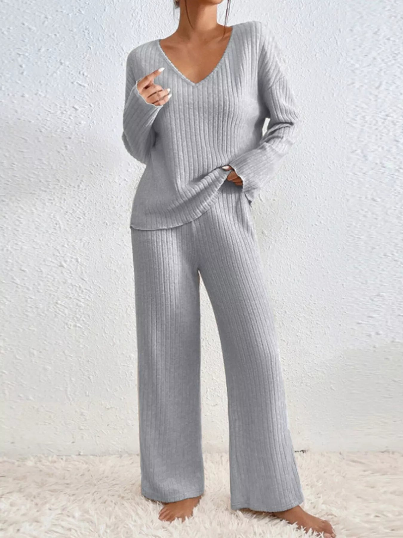 Ribbed Knit V-Neck Top and Pants Set