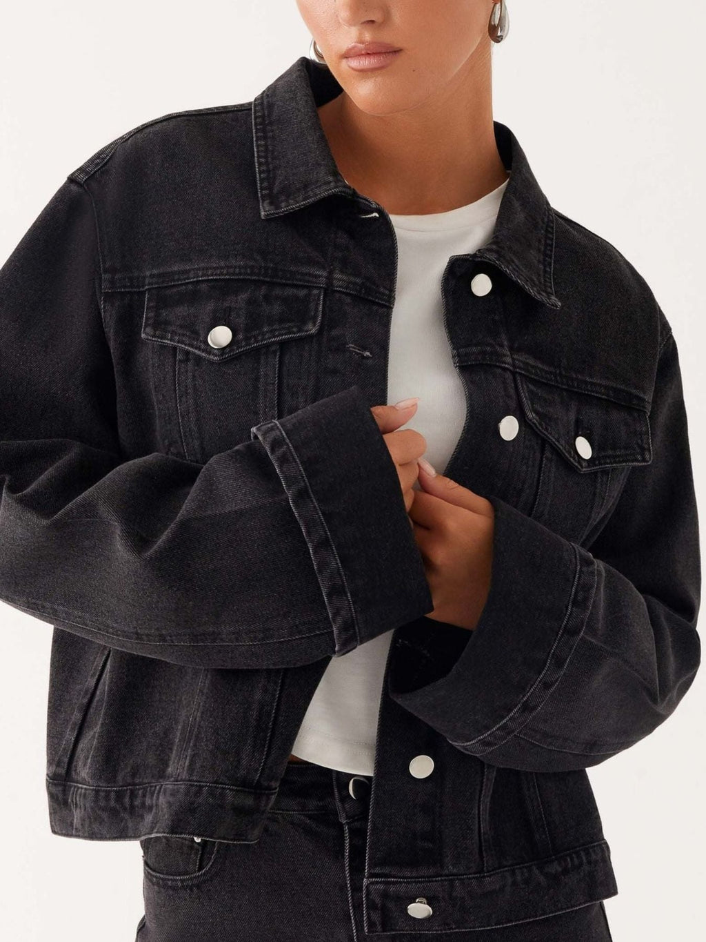 Button Down Cropped Oversized Denim Jacket