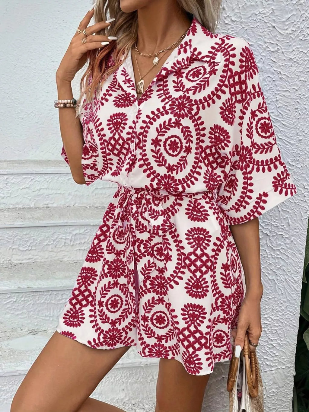 Printed Tie Waist Button Front Romper