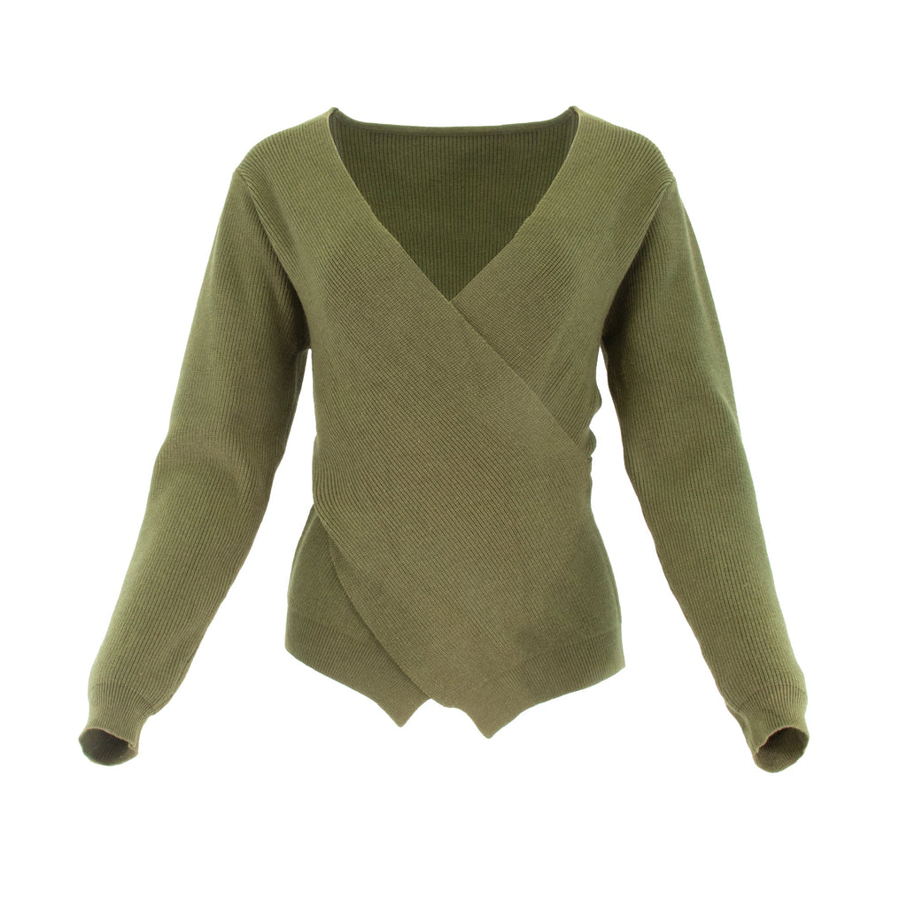 profile-nyc FAUX WRAP SWEATER — back view