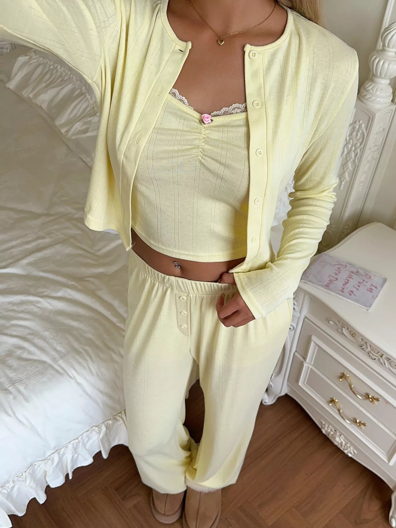 Cami & Long Sleeve Cardigan & Wide Leg Pants Set