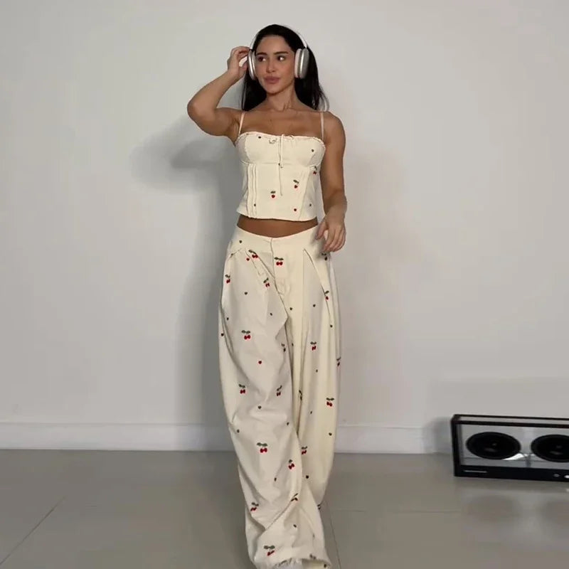 Women's Print Vest and Pleated Pants Set Lace Up