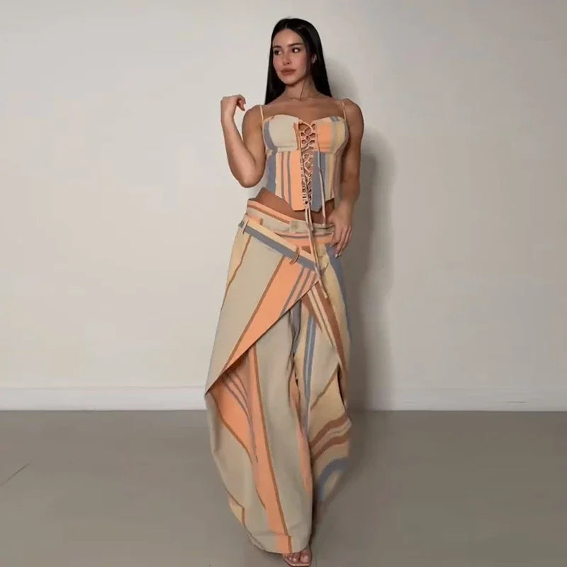 Women's Print Vest and Pleated Pants Set Lace Up