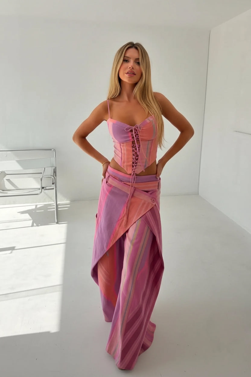 Women's Print Vest and Pleated Pants Set Lace Up