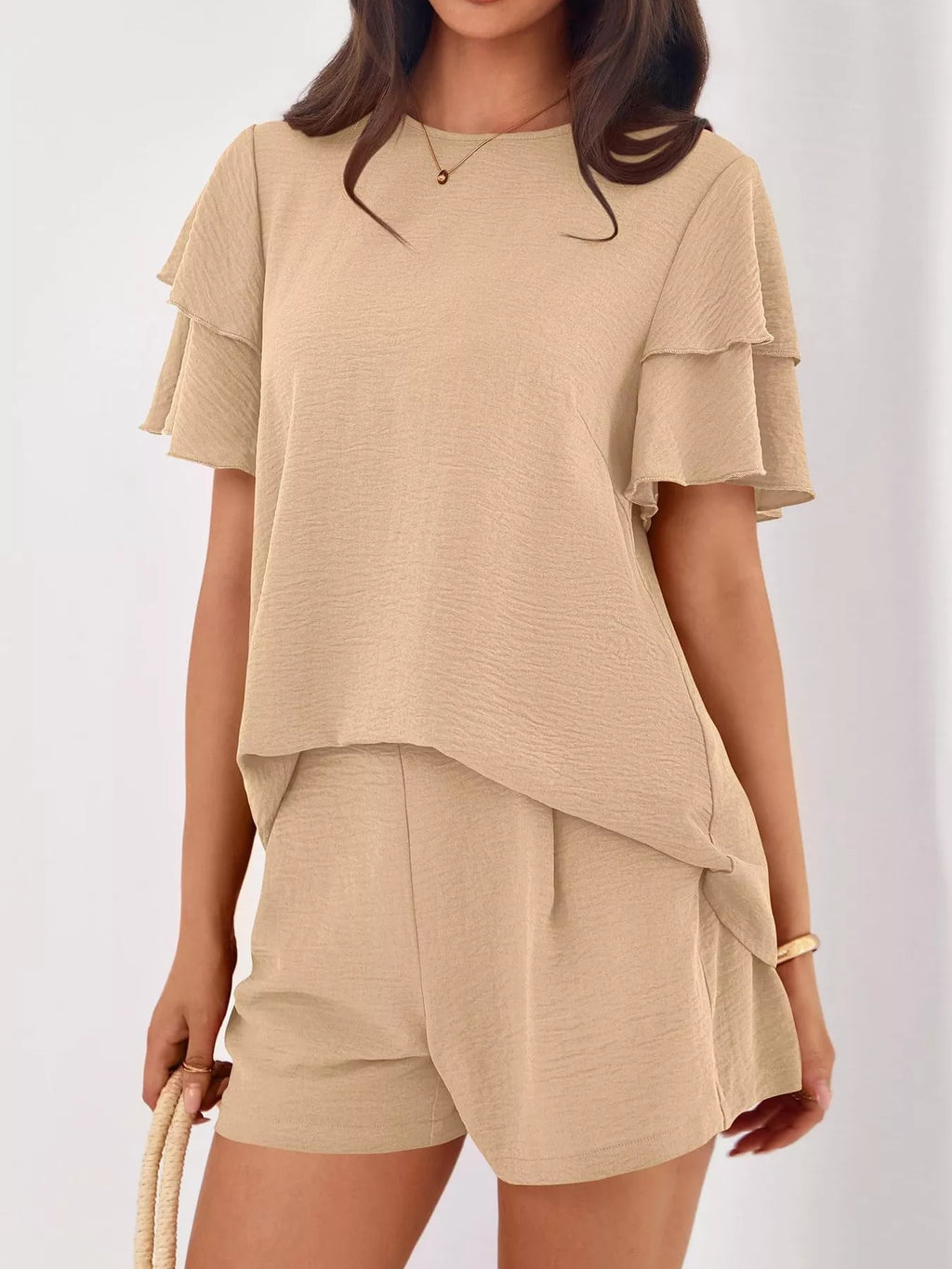 Ruffle Sleeve Top and Shorts Two-Piece Set
