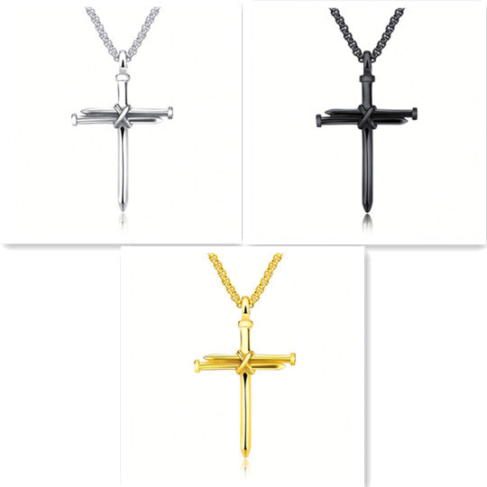 SORI STYLE Men’s Steel Cross Pendant Necklace — in-use photo