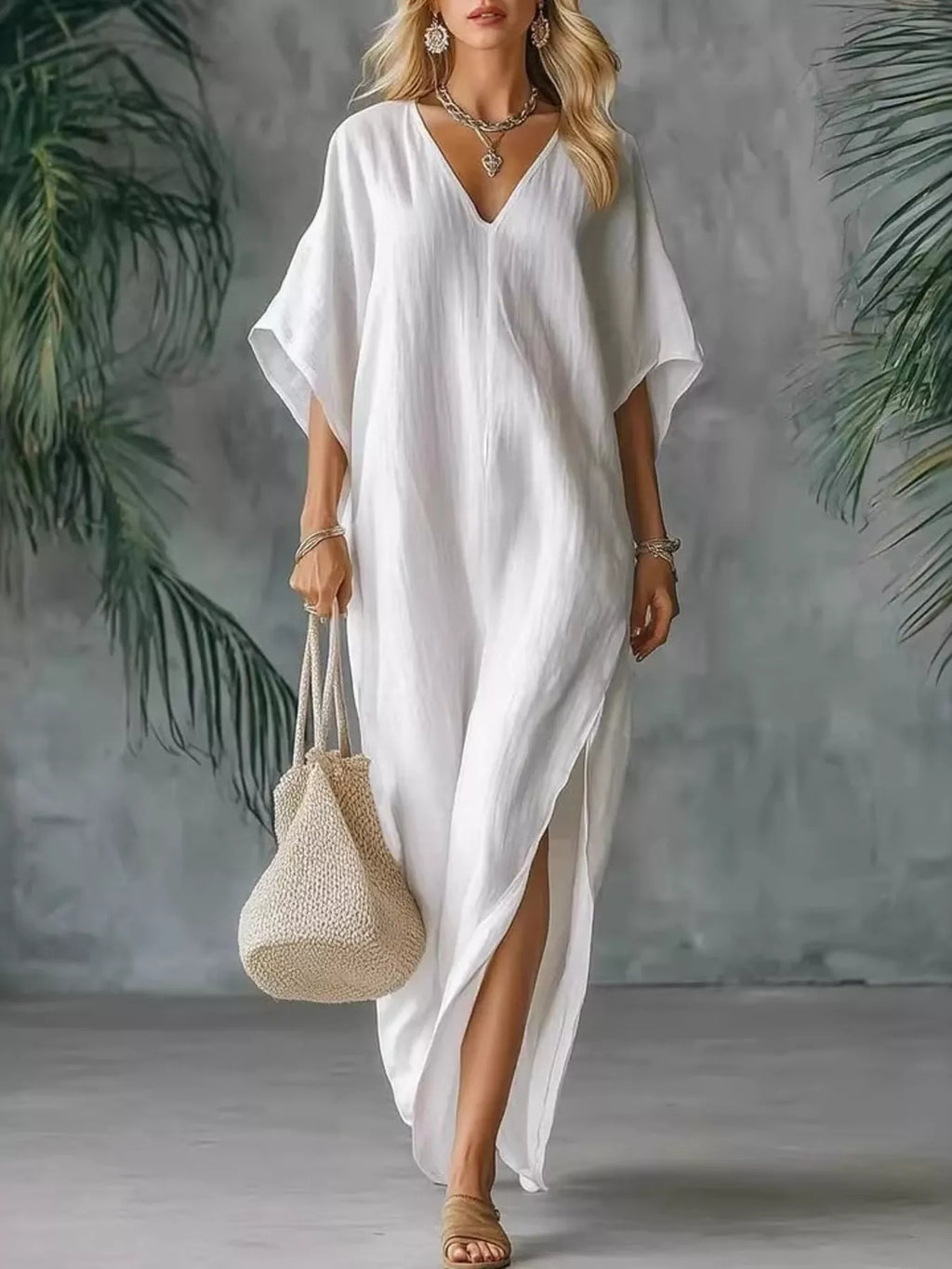 Full Size V-Neck Maxi Dress with Side Slits Plus Size