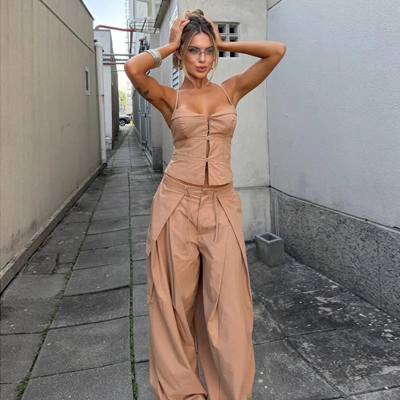 Women's Print Vest and Pleated Pants Set Lace Up