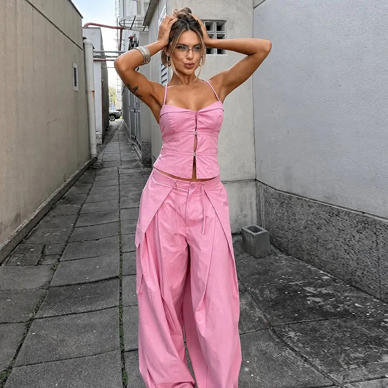 Women's Print Vest and Pleated Pants Set Lace Up