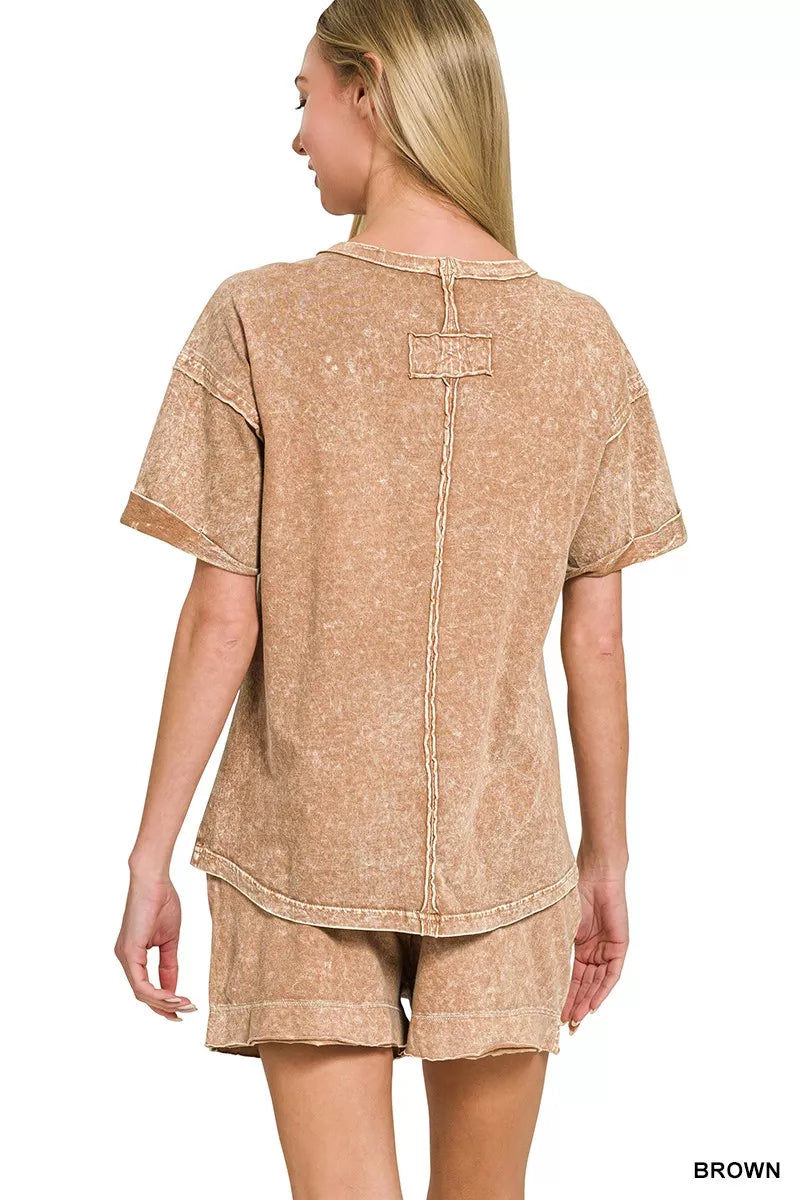 Zenana Halo Snow Washed Exposed Seam Top & Shorts Set