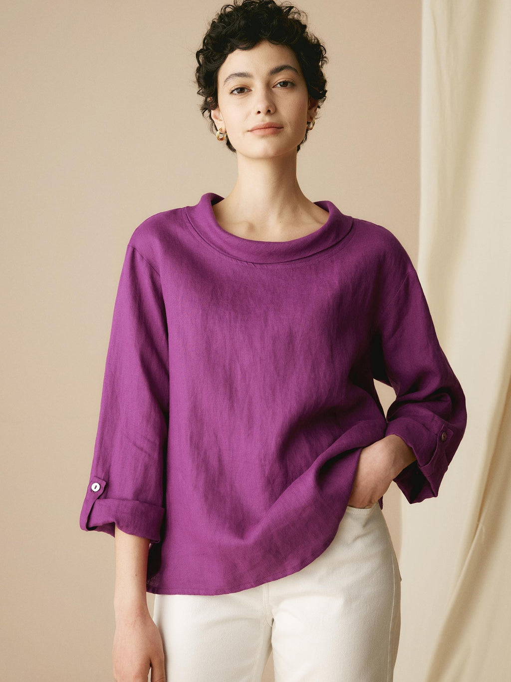 LINTICO 100% Linen Draped Neck Top HOLLIS — detail shot 7