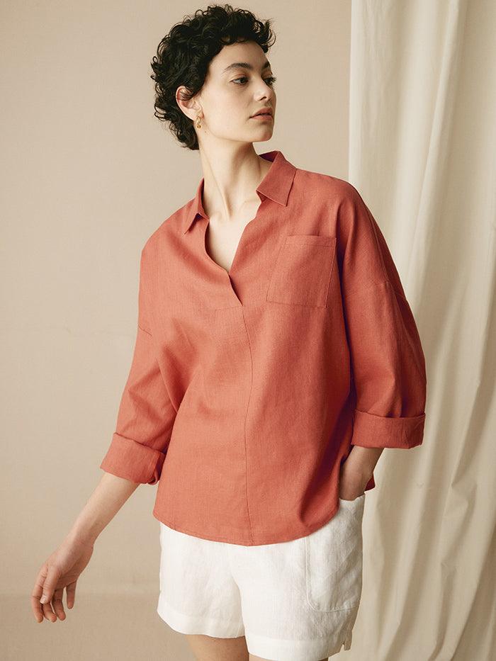 LINTICO Linen Oversized Fit Pocket Shirt ELOWEN — flat-lay composition