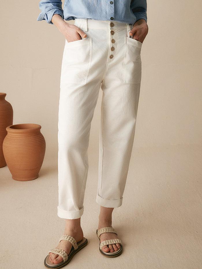 LINTICO Linen Simple Button Fly Trousers HEIDI — flat-lay composition