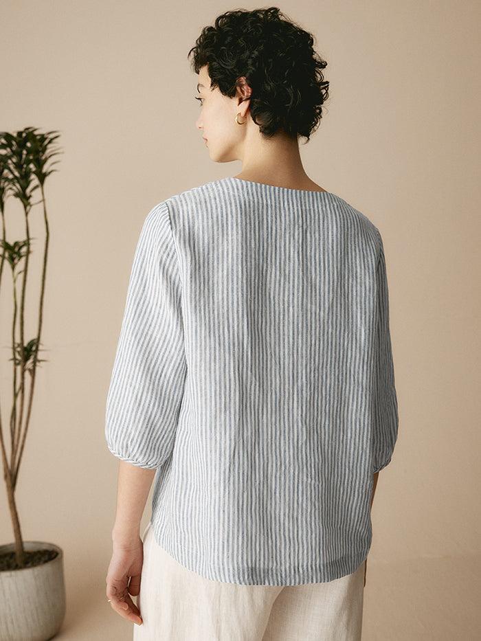 LINTICO 100% Linen Puff Sleeves Top LEAH — LINTICO branding close-up