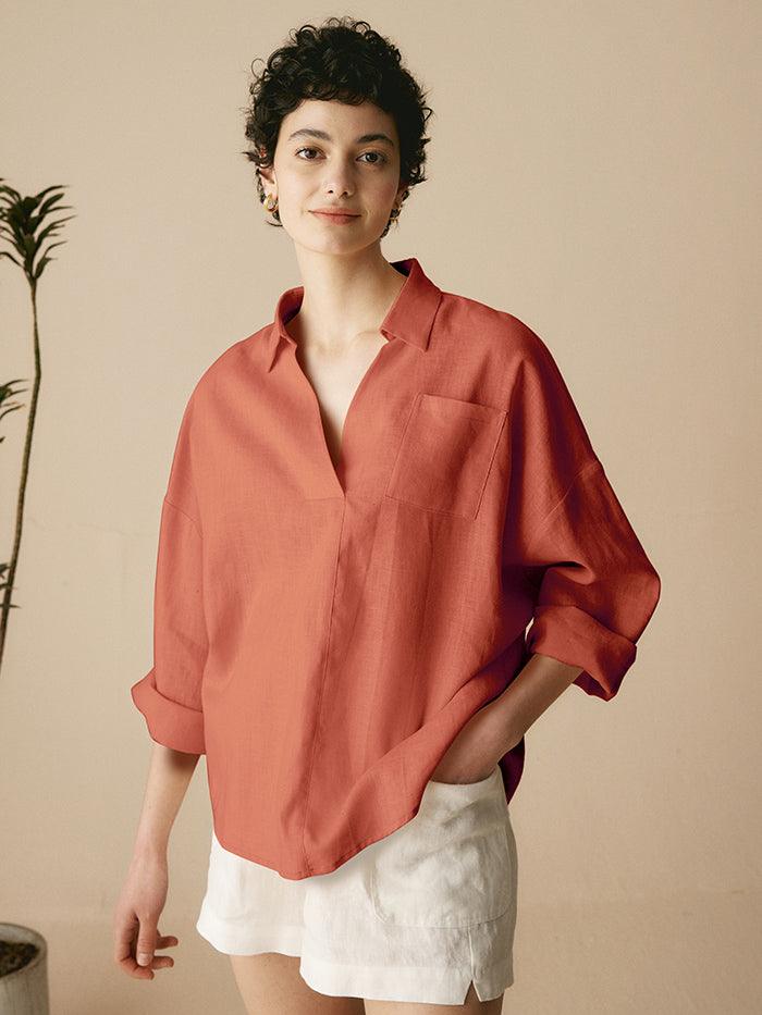 LINTICO Linen Oversized Fit Pocket Shirt ELOWEN — fabric or material detail