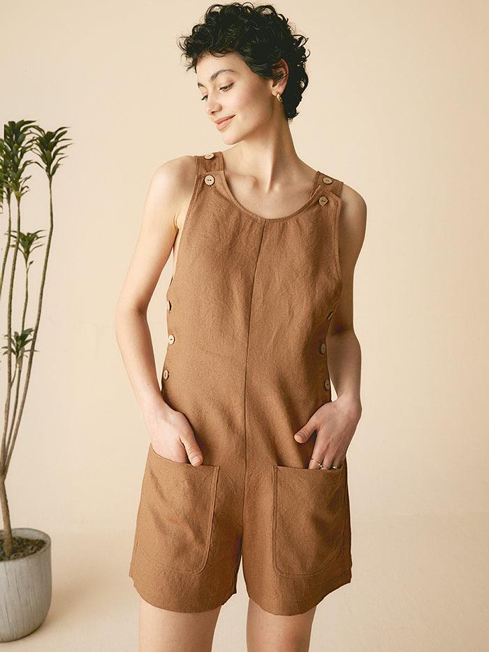 LINTICO LINTICO 100% Linen U-Neck Short Jumpsuit KENDALL — construction detail