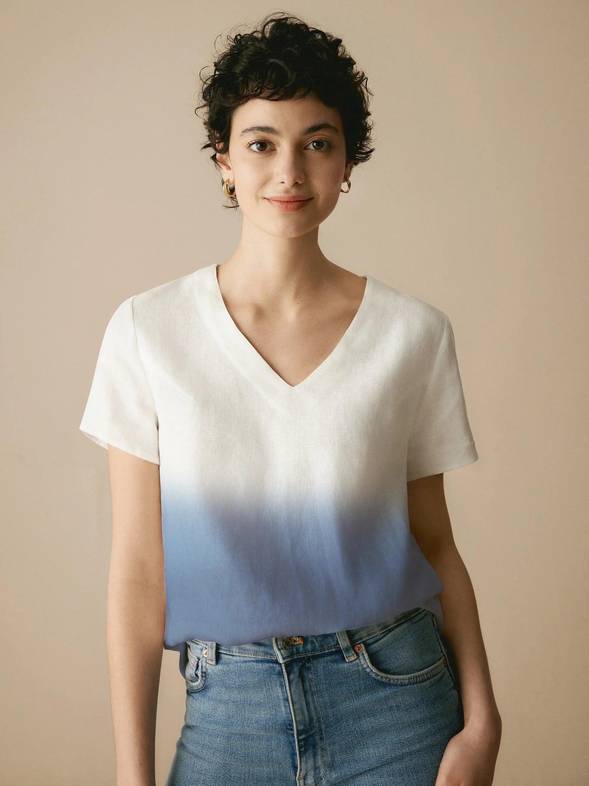 LINTICO LINTICO 100% Linen Easy Popover V-Neck Boxy Top DAWN — construction detail