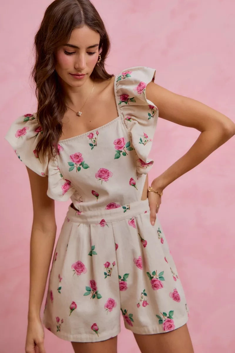 SO ME Floral Print Denim Cut Out Waist Ruffled Romper