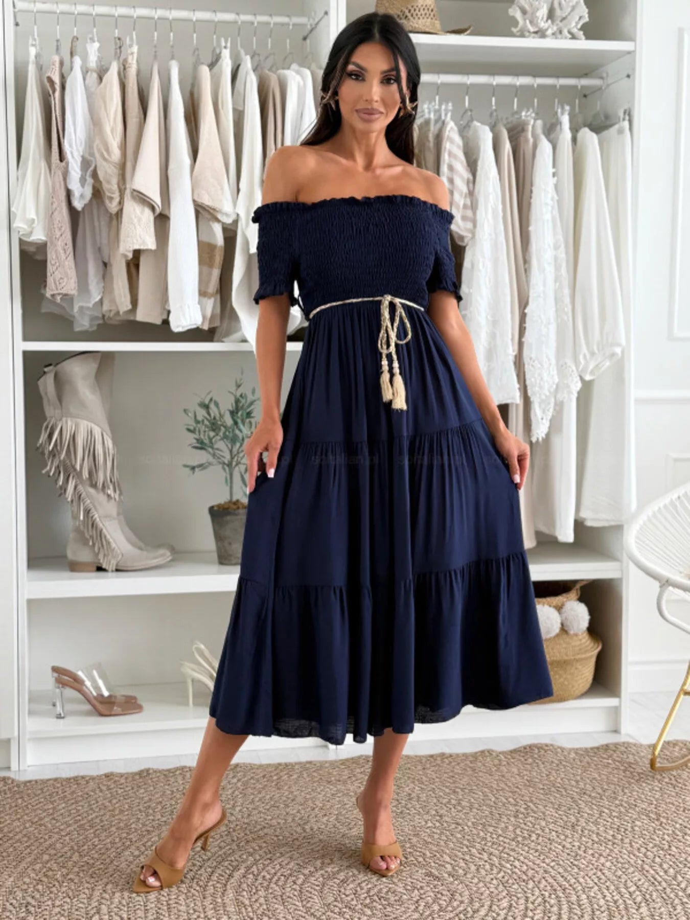 Off Shoulder Smocked Tiered Midi Dress