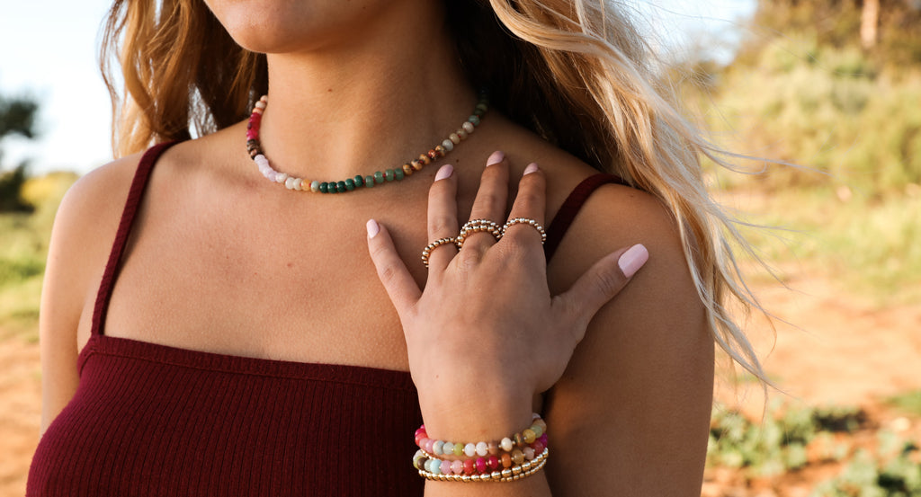 CanyonLeaf Natural Gemstone Necklace + 14k Gold Filled Toggle : Sedona — CanyonLeaf branding close-up