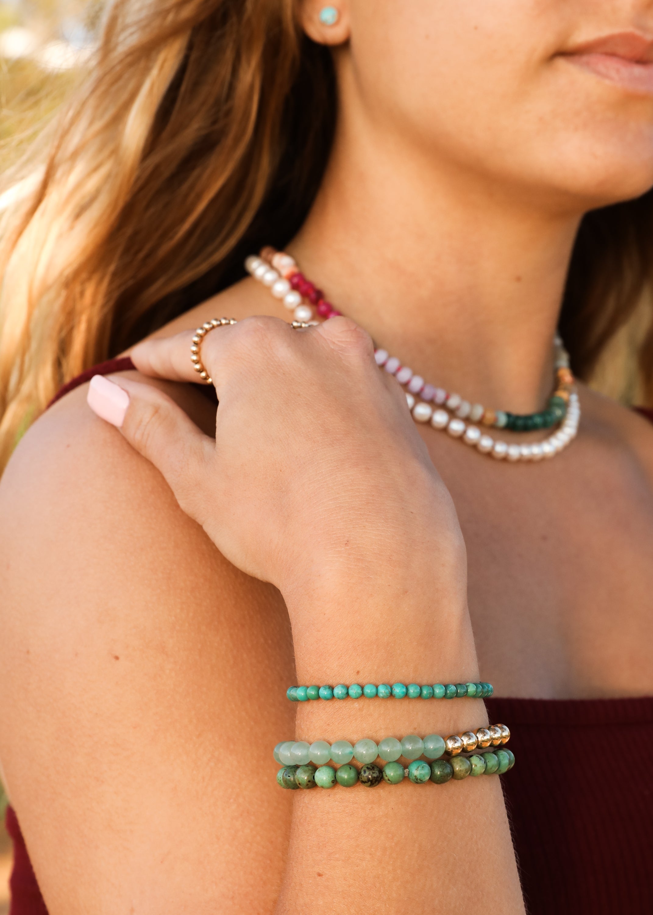 CanyonLeaf Natural Gemstone Necklace + 14k Gold Filled Toggle : Sedona — lifestyle worn / used context