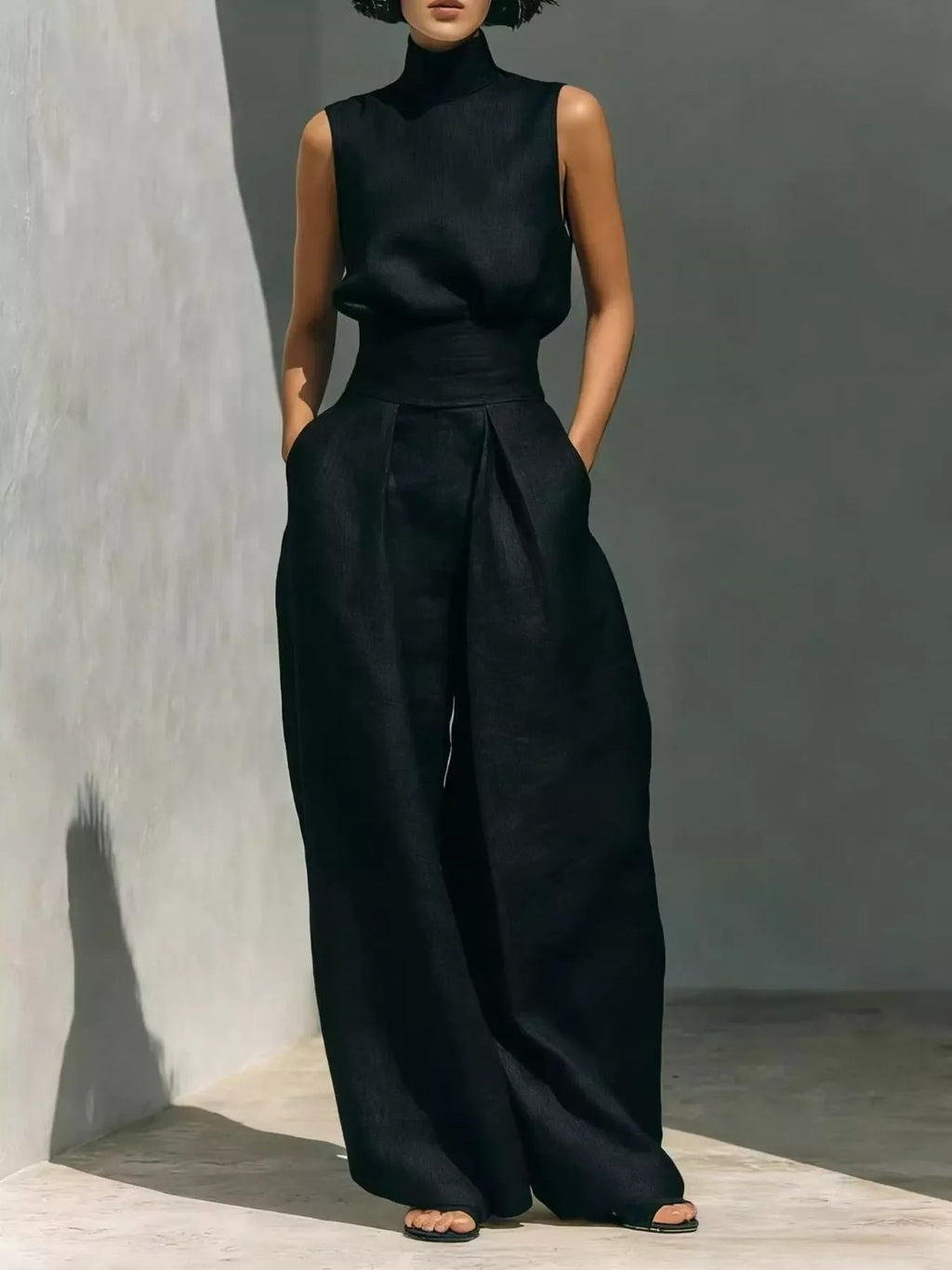 Turtleneck Sleeveless Top and Wide-Leg Pants Set