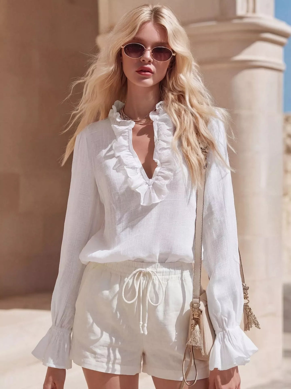 Ruffled V-Neck Long Sleeve Blouse