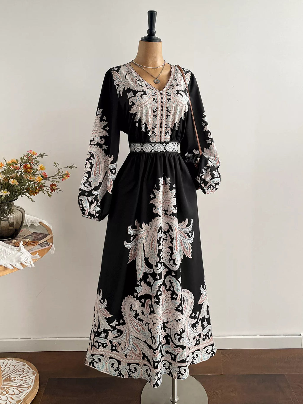 Plus Size Printed V-Neck Balloon Sleeve Dress